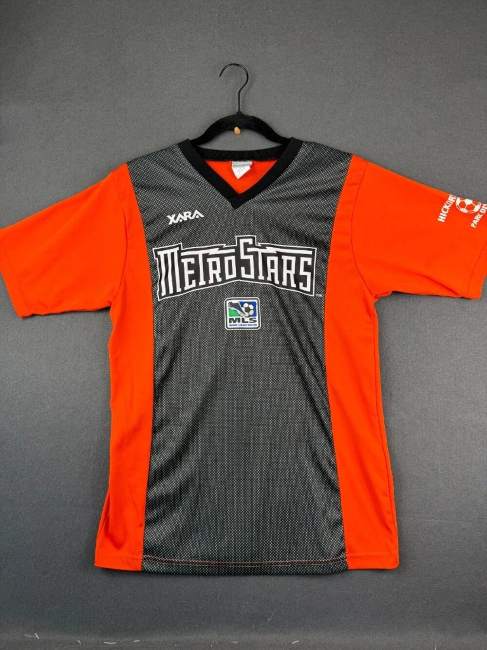 Vintage Xara Mens Orange Black New York Metrostars Soccer Jersey V-Neck #37 S